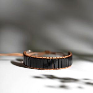 Black Agate Leather Crystal Bracelet